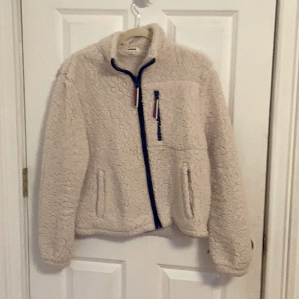 Garage Zip-Up Sherpa w/ red and blue stripes